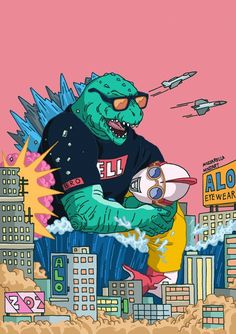 an illustration of a monster holding a football in front of a city with skyscrapers