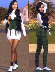 two different images of a woman in green and white clothing, one with long black hair