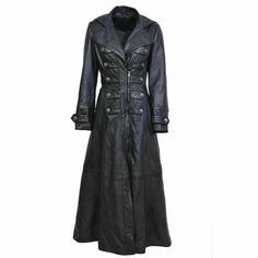 Women Black Genuine Leather Trench Military Long Coat Fall Military Leather Outerwear, Military Style Leather Outerwear For Fall, Winter Military Leather Outerwear, Black Leather Outerwear With Buttons, Black Double-breasted Leather Jacket For Fall, Black Leather Jacket With Horn Buttons For Winter, Black Leather Pea Coat For Workwear, Gothic Leather Outerwear With Long Sleeves, Gothic Leather Outerwear For Fall