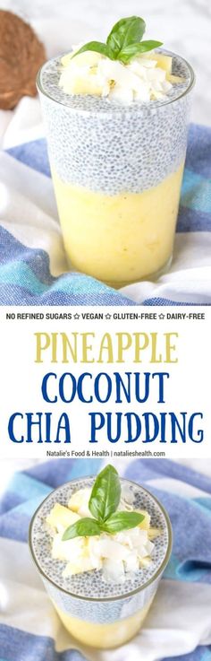 pineapple coconut chia pudding in a glass bowl on a blue and white towel