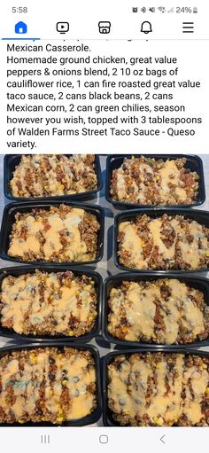 an image of some food in trays on the table with text that reads mexican casserole homemade ground chicken, great value