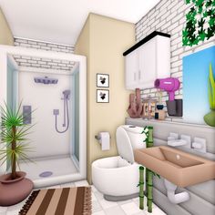 a bathroom with a toilet, sink, shower and plants on the counter in it