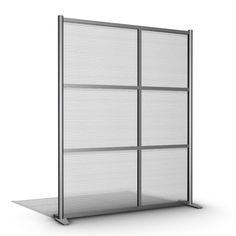 a metal partition with four panels on one side and two sides, in front of a white background