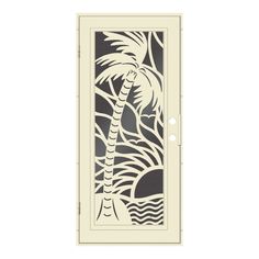 a door with an image of a palm tree and waves on the screen in white