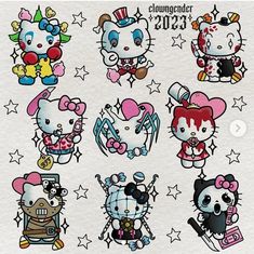 the hello kitty stickers are all in different colors and sizes, with stars around them