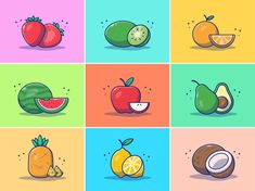 various fruits and vegetables are shown in different colors, including oranges, apples, watermelon, kiwi, avocado