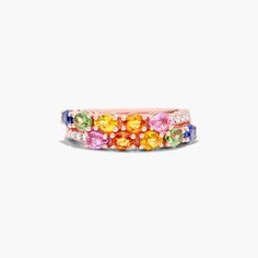 14K Rose Gold Prism Multi-Color Sapphire Ring. Sapphires of all colors are harmonically arranged to create this vibrant and elegant ring. Multicolor Oval Fusion Rings, Multicolor Stackable Sapphire Ring Fine Jewelry, Multicolor Multi-stone Fusion Rings, Multicolor Multi-stone Stackable Fine Jewelry Rings, Multicolor Multi-stone Stackable Rings In Fine Jewelry Style, Multicolor Fusion Rings For Anniversary, Multicolor Fusion Style Rings For Anniversary, Elegant Multicolor Stackable Rings, Elegant Multicolor Gemstone Stackable Rings