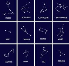 zodiac signs and their names in the night sky with stars around them, as well as an