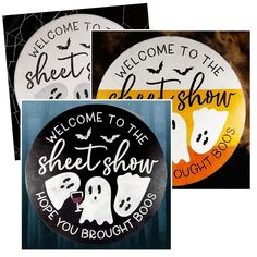 three halloween plates with the words welcome to the sheet show here you brochures