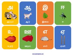 an image of different types of animals and letters in the language for children to learn