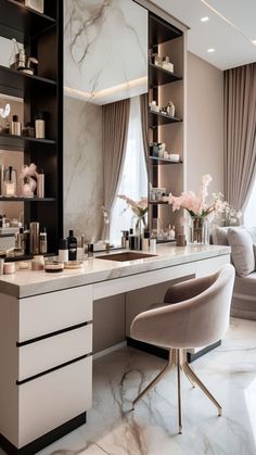 an elegant bathroom with marble counter tops and shelves