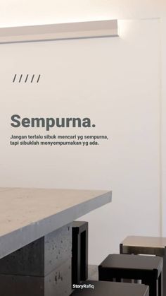 there is an advertisement for sempurna on the wall behind some tables and chairs