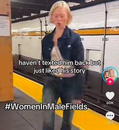 a woman is standing in front of a train and talking on her cell phone with the caption'haven't texted him back but just liked his story