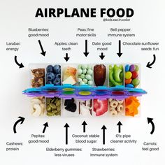 an airplane food tray labeled with different types of fruits, vegetables and grains in it