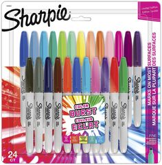 the sharpie markers are set up in different colors and sizes, including blue, green, red, yellow, pink, purple, orange