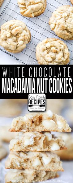 white chocolate macadama nut cookies stacked on top of each other with the title overlay