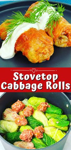 an image of stovetop cabbage rolls in a pan with sauce and herbs on top