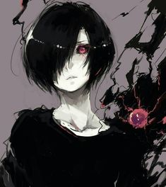 an anime character with black hair and red eyes