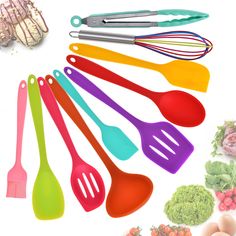 the kitchen utensils are all different colors