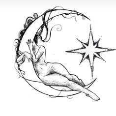 a black and white drawing of a woman sitting on the moon with a star above her head