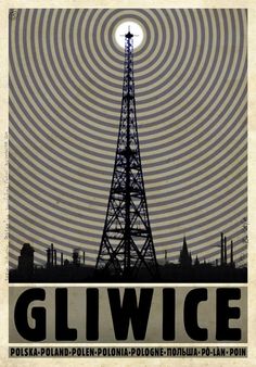 a poster with the words gliwice on it and an image of a tower