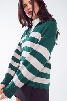 Discover the perfect blend of comfort and style with our Green and White Striped Sweater. Designed to keep you cozy and chic during the cooler months, this sweater is a must-have for your fall and winter wardrobe. Elegant Stripe Design: The classic green and white stripes provide a timeless look, making this sweater an easy choice for various occasions. Unique V-Neck Polo Collar: The distinctive V-neck with a polo collar adds a sophisticated touch, elevating the overall design and making it stan Trendy Striped Sweater With Ribbed Cuffs, Chic Striped Sweater For Fall, Trendy Contrast Stripe Sweater For Fall, Winter Striped Outerwear With Contrast Stripes, Trendy Long Sleeve Sweater With Contrast Stripes, Chic Long Sleeve Sweater With Contrast Stripes, Striped V-neck Cardigan For Winter, Striped V-neck Sweater For Fall, Chic Fall Sweater With Striped Collar