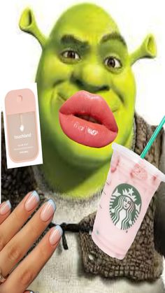 a woman holding a starbucks cup next to an image of yoda from star wars