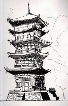 an ink drawing of a pagoda tower in the middle of a body of water with mountains in the background