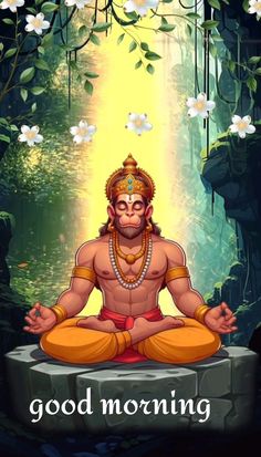 lord rama sitting in the middle of a forest with words good morning written on it