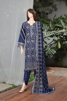 Saya Navy Blue Stitched Cotton 3 PCS Elegant Fitted Suits With Printed Motifs, Fitted Indigo Sets With Printed Motifs, Elegant Fitted Suits With Digital Print, Tailored Blue Cotton Suit, Blue Cotton Workwear Sets, Fitted Blue Sets With Printed Motifs, Blue Printed Unstitched Sets, Fitted Blue Unstitched Suit With Dupatta, Elegant Cotton Suits With Printed Motifs