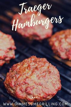 hamburgers cooking on the grill with text overlay