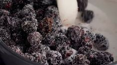 a bowl filled with powdered sugar and blackberries