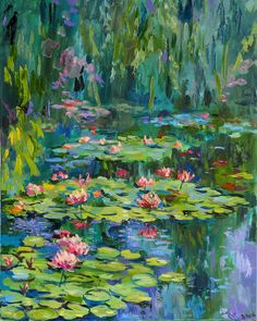 an oil painting of water lilies and lily pads