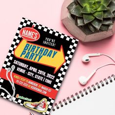 a birthday party flyer with headphones and earbuds on a pink surface next to a plant