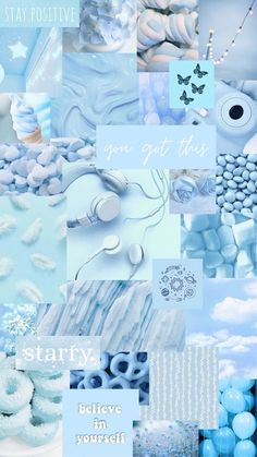 blue and white collage with words that say stay positive