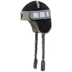 This Las Vegas Raiders Wordmark Ears Trooper knit hat is a must-have piece in your young fan's collection. Along with adorable over-the-ear flaps, the colorful braided tassels help highlight your kiddo's fandom. Plus, the soft fleece-lined interior keeps their head warm for those chillier Las Vegas Raiders game days.This Las Vegas Raiders Wordmark Ears Trooper knit hat is a must-have piece in your young fan's collection. Along with adorable over-the-ear flaps, the colorful braided tassels help h Black Winter Hat For Fan Gear, Black Adjustable Hat With Ear Flaps, Closure Weave, Nfl Gear, Las Vegas Raiders, Shield Design, Ear Hats, Top Gifts, Knit Hat