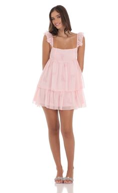 Floral Chiffon Ruffle Dress in Pink | LUCY IN THE SKY Dresses For Middle School Dances, Sparkly Short Dress, Fancy Romper, Cotillion Dresses, Chiffon Ruffle Dress, Pink Sparkly, Sweet 16 Dresses