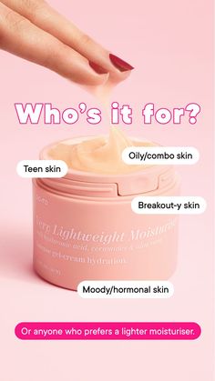 Finoily! Very Lightweight Moisturiser is here. This oil-free gel-cream offers intense hydration, with a shine-free, mattifying, soft finish, and zero residue. Perfect for oily, combination, breakout-prone, and teen skin, this fast-absorbing and airy formula is no lightweight (sorry) when it comes to ingredients; packed with ceramides, clover flower extract, provitamin B5, hyaluronic acid, and clouds, this is moisturiser for people who hate wearing moisturiser. Skin Care Products Design, Skincare Inspiration, Light Moisturizer, Creative Advertising Design, Combo Skin, Lightweight Moisturizer, Clover Flower, Hormonal Acne, Food Poster Design