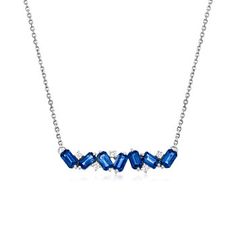 Ross-Simons - 3.10ct t. w. Sapphire, .11ct t. w. Diamond Bar Necklace. 17". Introduce interest with modern flair to your outfit with this necklace. 3.10 ct. t. w. emerald-cut sapphires cluster in a bar formation along with .11 ct. t. w. round brilliant-cut diamonds. Set in 14kt white gold. Suspends from a cable chain. Springring clasp, diamond and sapphire bar necklace. Sapphire birthstones are the perfect gift for September birthdays. Necklace Sapphire, Diamond Bar Necklace, Sapphire Birthstone, September Birthday, Diamond Bar, Sapphire Diamond, Round Brilliant Cut Diamond, Bar Necklace, Emerald Cut