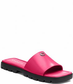 From COACH, the Florence Leather Slide Sandals feature: Leather upper Slip-on closureSynthetic lining EVA outsole Approx. 0.25" heel height Imported. Coach Sandals With Leather Footbed For Summer, Coach Sandals With Leather Footbed For Spring, Coach Slide Sandals For Spring, Coach Leather Sandals For Spring, Coach Leather Slides With Round Toe, Coach Pink Open Toe Sandals, Coach Open Toe Slides For Spring, Coach Open Toe Slides With Removable Insole, Coach Open Toe Slides For Summer