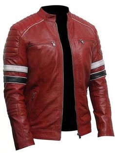 Men's Custom Made Red Striped Café Racer Biker Leather Jacket on Storenvy Jaket Motor, Black Shearling Jacket, Men's Retro Style, Cafe Racer Jacket, Womens Black Leather Jacket, Fur Leather Jacket, Racer Jacket, Trendy Jackets, Men's Leather Jacket