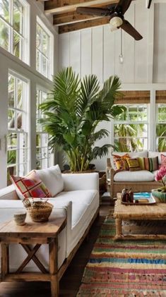 a living room filled with lots of furniture and plants on top of it's walls