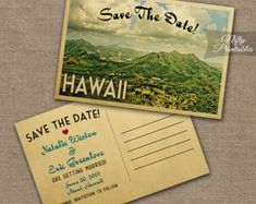 save the date postcard with an image of hawaii and mountains in the back ground