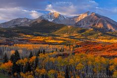 the mountains are covered in autumn foliage and trees with yellow, orange, and green leaves