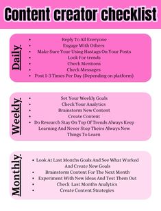 the content creator checklist for bloggers is shown in three different colors and sizes