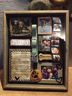 a wooden frame with photos and pictures on it