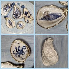 four different pictures of seashells with blue and white designs