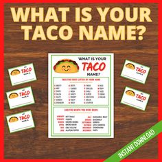 what is your taco name? poster on a wooden table with matching place cards