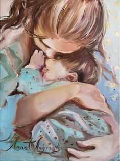 a painting of a mother hugging her child