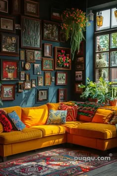 a living room filled with lots of colorful furniture and pictures on the wall behind it